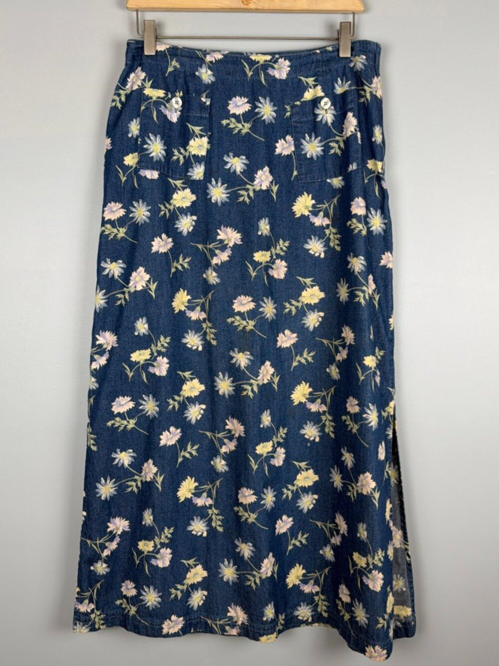 Vintage Denim Maxi Skirt Womens 10 Blue Floral Cottagecore 90s 100% Cotton Midi